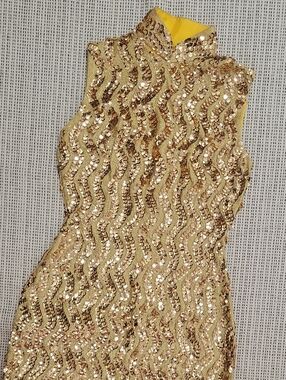 Vintage Gold Sequin Sleeveless Mock Neck  Mandarian Style Dress SMALL